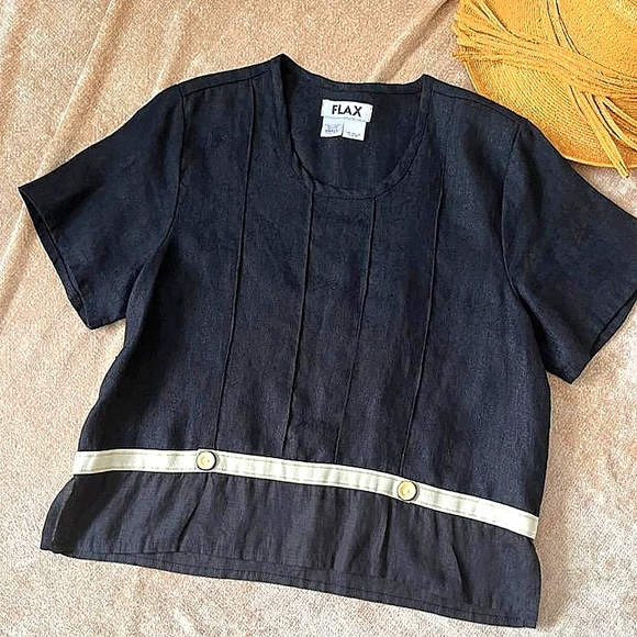 Flax Tops - Flax short sleeve black jacquard tunic, relaxed fit, Size S